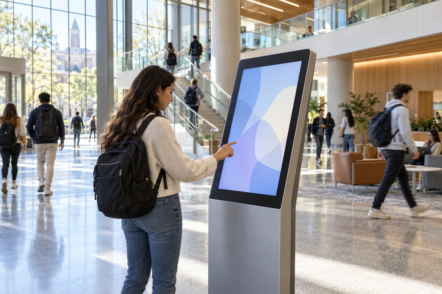 Information kiosk in a modern university lobby