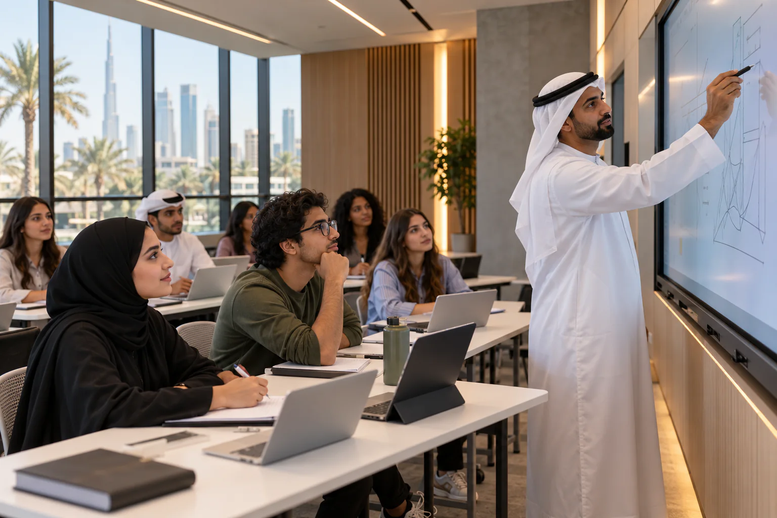 Students using an interactive board in a modern classroom
